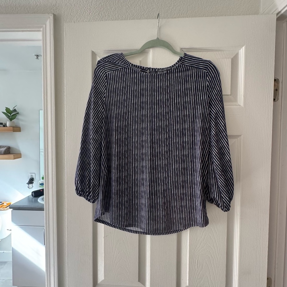 Adrianna Papell Navy and White Striped Blouse
